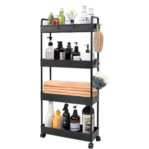 4 Tier Slim Rolling Storage Cart with Wheels, Bathroom Storage Cart Laundry Room Organizer,Bathroom, Laundry Room, Office, (Black)