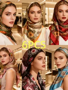 6pcs Women's Satin Scarf Set, Paisley & Walnut Print Design, Casual Style, All-Season Wear, Thin Woven Fabric, Fitted Look, Scarf Head Wrap