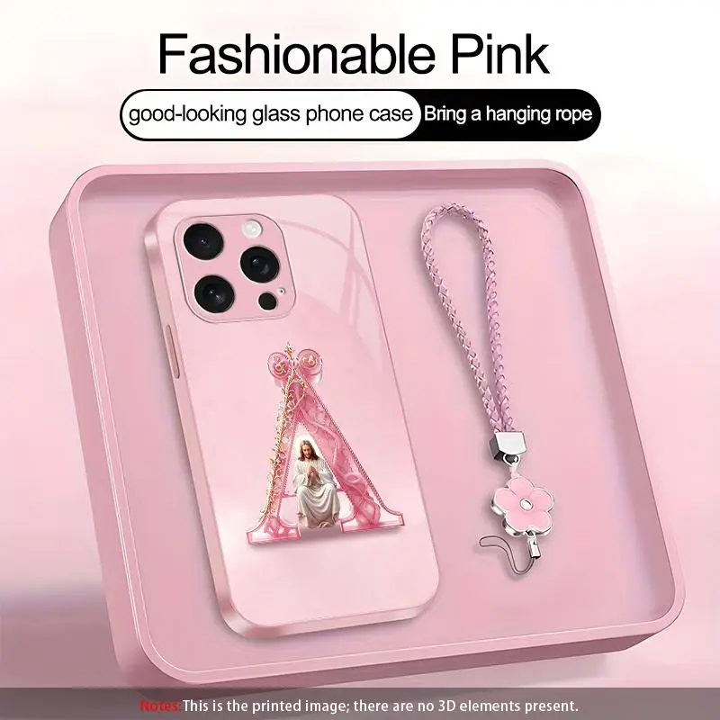 Suitable for [iPhone 16 Pro Max] high-end phone case🤩,Coquette Pink Aesthetic Jesus Phone Case ,a beautiful four-leaf clover lanyard is included , 26 Initial Monogram Christian Phone Cover Cute Faith Gift for Women 952