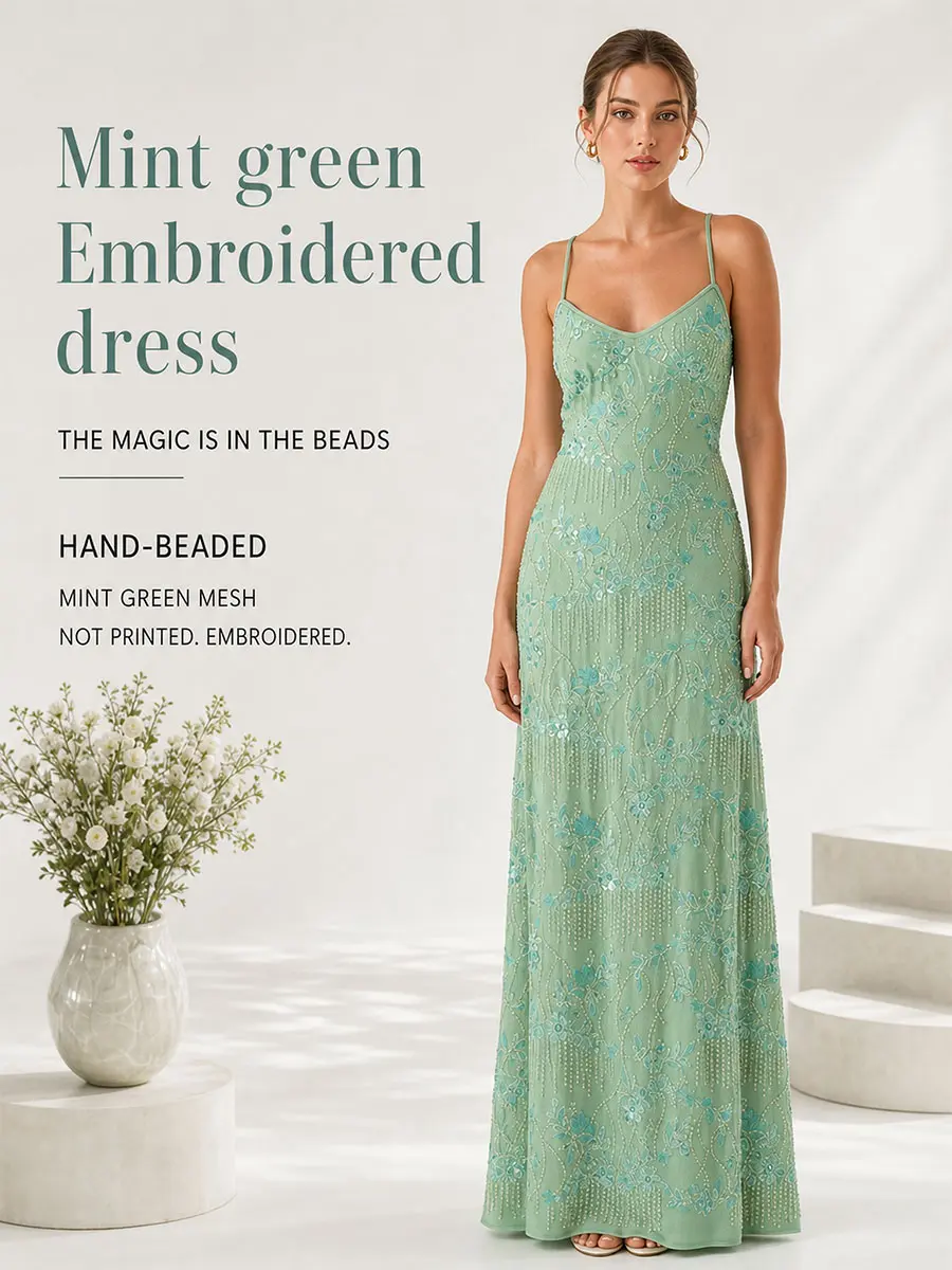 Mint Green Sequin Beaded Backless Cami Maxi Dress – Open Back Criss-Cross Tie Summer Gown