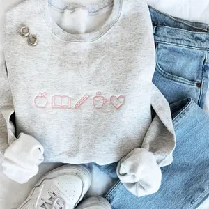 Embroidered Teacher Life Sweatshirt | Cute Teacher Icons Crewneck Pullover | Personalized Teacher Appreciation Gift