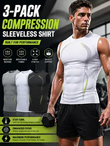 Men's Professional Compression Sleeveless T-Shirt 3-Pack — Gym Training Tank Top, Slim-Fit Stretch Textured T-Shirt, Ideal for Running and Basketball (Black, White, Gray) summergarden