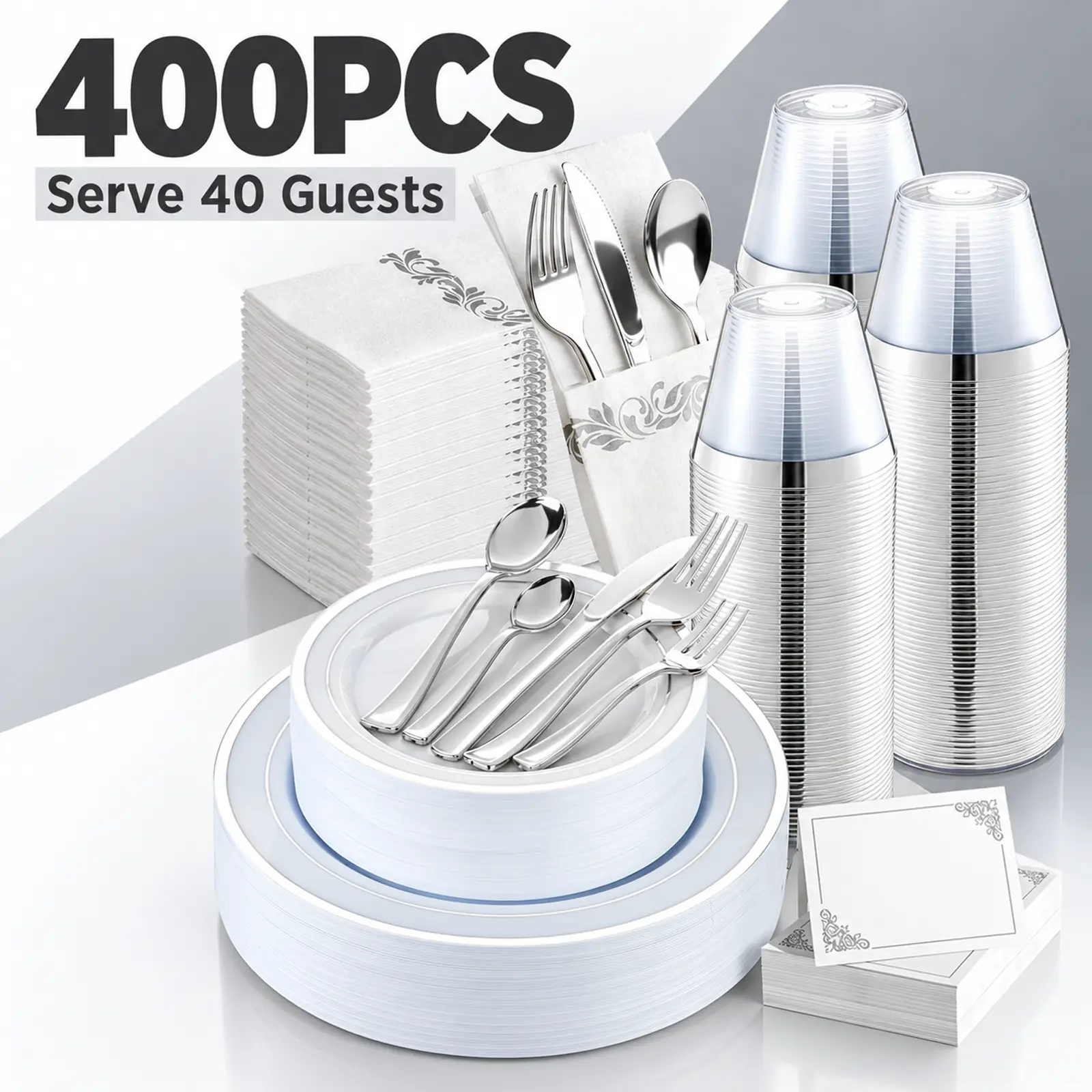 400pcs Elegant Silvery Disposable Plastic Dinnerware Set for 40 Guests, 10pcs Place Settings, Including 80 Plates, 40 Place Cards, 40 Cups, 80 Spoons, 80 Forks, 40 Knives, And 40 Napkins, for Weddings, Parties, And Graduation