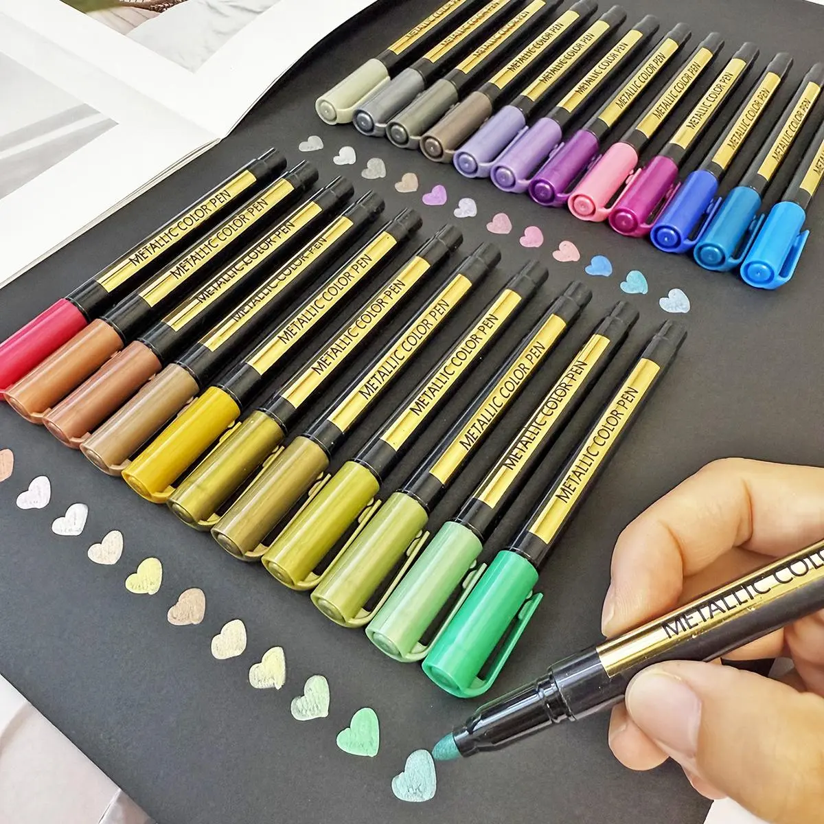 Metallic Paint Marker Pen, 12/24pcs Shimmer Glitter Marker Pen, Metallic Sparkle Pen, Art Supplies for Rock Painting, Black Paper, Scrapbook, Photo Album, DIY Supplies, Art Markers