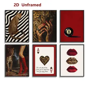 Set of 6, red leopard-print room decor, trendy Y2K leopard-print wall art, burgundy wallpaper style, perfect for girls' bedrooms and dorm rooms, frameless 2D canvas prints