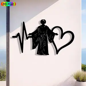 1pc Romantic Jesus with Heartbeat & Heart Metal Wall Art, Romantic Jesus with Heartbeat & Heart Statue Mural, Iron Craft, Perfect for Bedroom, Boudoir, Love Alcove Decor, Silhouette Wall Decor, Valentine's Decor, Ideal Gift for Faith Enthusiasts