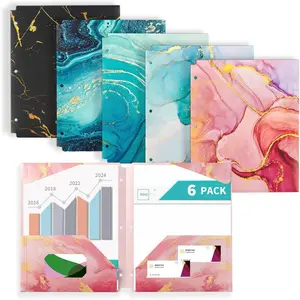6 Pack Heavyduty Plastic Folders with Pockets, Waterproof 2-Pocket File Folders with Card Slots, 6 Decorative Marble Color Designs, 3-Hole Punched for Letter Size