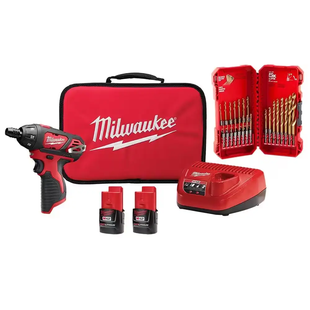 M12 12V Lithium-Ion Cordless 1/4 In. Hex Screwdriver Kit W/ Shockwaveimpact Duty Titanium Drill Bit Set (23-Piece) Milwaukee