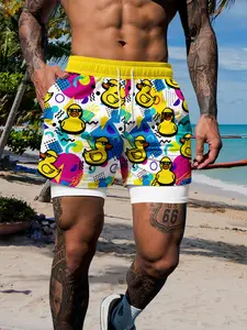 Men's Dual-Layer Quick-Dry Beach Shorts, Vintage Duck Memphis Geometric Print, Anti-Slip Inner Lining, Casual Fitted Drawstring Waist, Swimming Shorts
