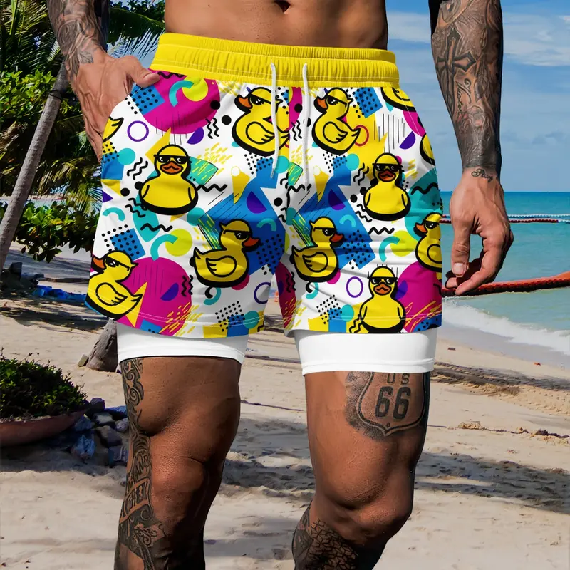 Men's Casual Fitted Drawstring Waist Dual-Layer Quick-Dry Beach Bathing Summer Swimwear Shorts, Swimsuit Shorts, Vintage Duck Memphis Geometric Print Anti-Slip Inner Lining Shorts