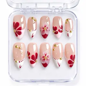 Sugarcoat Nails Handcrafted Luxury Colorful Press-On Nails with 3D Art | Reusable & Sturdy, Glue Included - French Tip & Red Florals, Short Almond