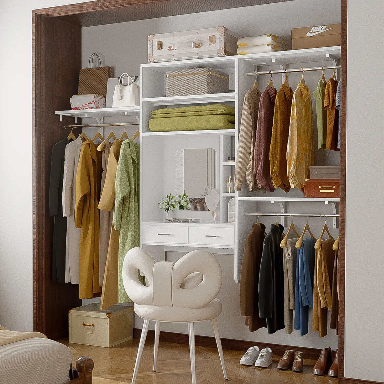 8FT Hanging Closet System with luxury Vanity Desk,Customizable 96'' Walk In Closet Organizer System with 3 Adjustable Shelves & Hanging Rods