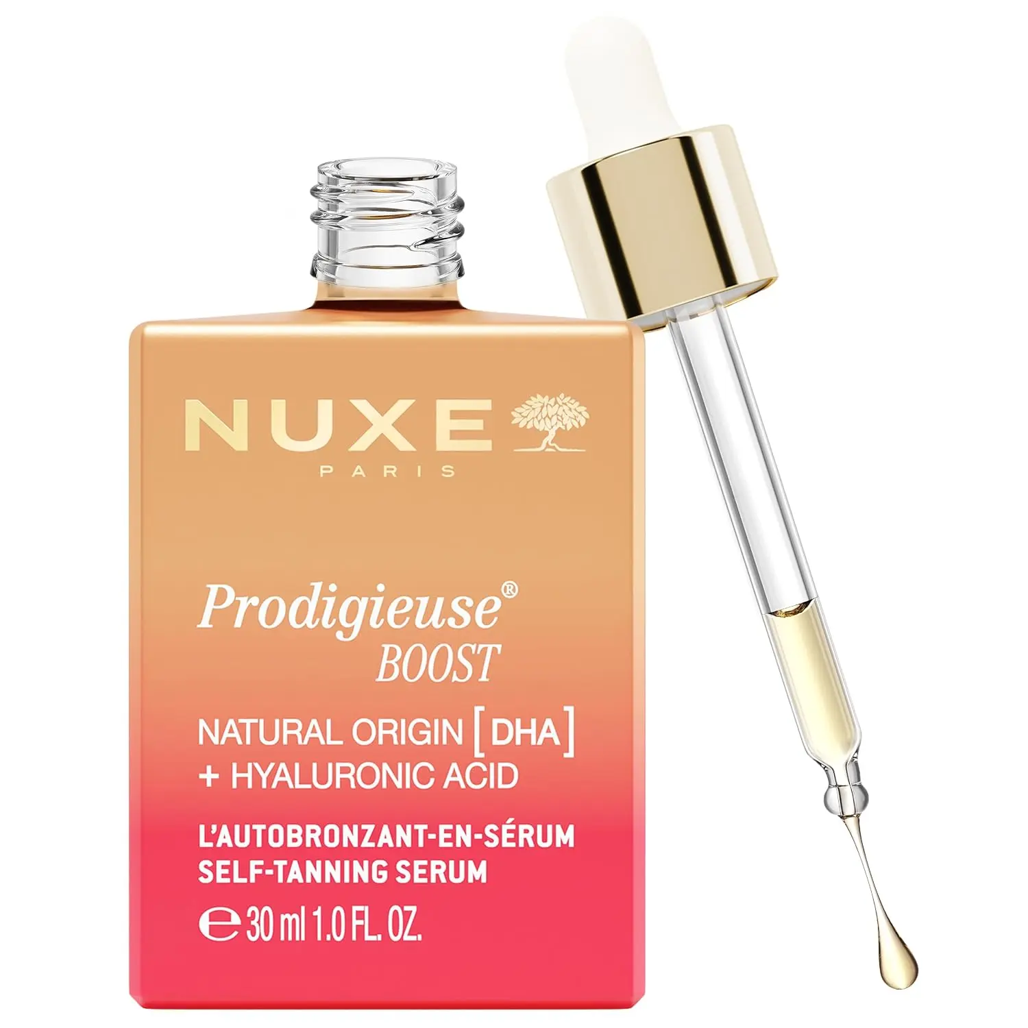 NUXE Prodigieuse Boost Self Tanning Drops for Face and Neck. Self Tan Serum with Hyaluronic Acid and 100% Natural DHA for a Gradual, Radiant Glow, 1.0 Fl