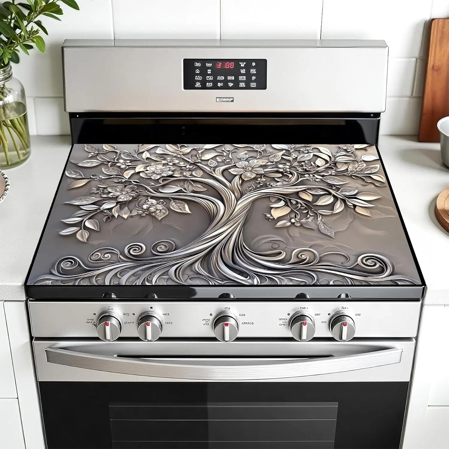 Silver Color Tree Floral Design Non-Slip Scratch Protection Rubber Grill Mat, Stove Panel Protector, Cover, Countertop, Decorative, Kitchen Decoration, Easy Clean, Multi-Purpose