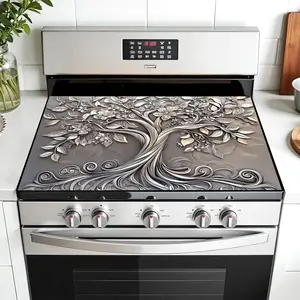 Silver Color Tree Floral Design Non-Slip Rubber Grill Mat, Stove Panel Protector, Kitchen Decoration, Easy Clean, Multi-Purpose