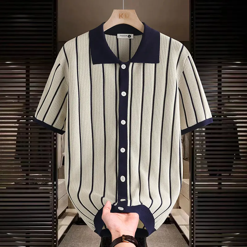 Men's Slim-Fit Striped Knit Polo Shirt - Short Sleeve Button-Up with Contrast Collar, Lightweight Waffle Fabric, Machine Washable, Foldable, Chic, 65.5% Viscose, 34.5% Polyester, Fitted Polo Shirts for Jeans Pairing