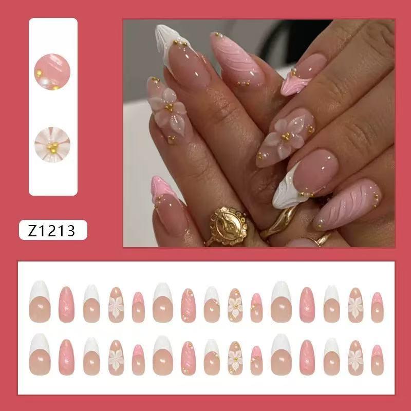 3D Pink Press on Nails Almond -MediumFrench Tip Fake Nais with EmbossedFlower&Gold Bead Designs,Glossy FinishReusable False Nails with Glue Tabs-24PcsNail Kit for Women Manicure
