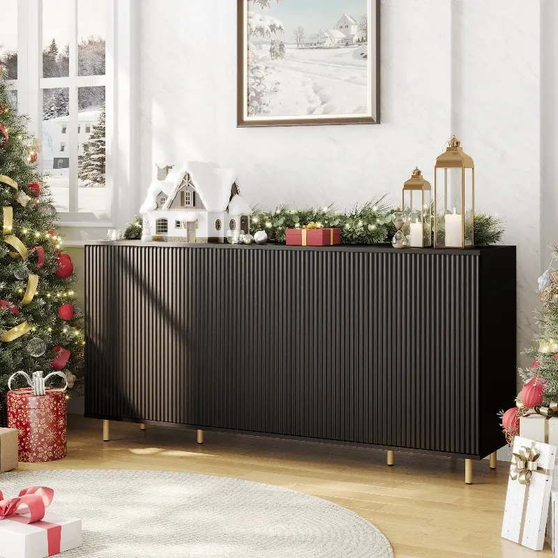 Modern Black Sideboard Buffet Cabinet with Fluted Doors, 67" TV Console & Entryway Storage Cabinet with 3 Adjustable Shelves for Living Room, Kitchen, Dining Room, Office