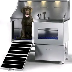 LED Professional Stainless Steel Dog Bathing Station with Window Ramp Drawer Floor Grate Faucet for Large Medium & Small Dogs 50" Compact Design