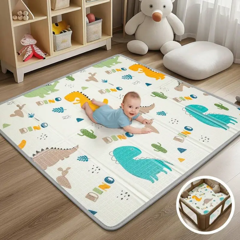 Foldable Waterproof XPE Foam Baby Play Mat with Raised Alphabets-Raised Letters, Compact Fold, Safe Reversible Portable Playpen Mat for Tummy Time