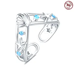 Adjustable 925 sterling silver ring with shell and starfish design, suitable for couples, gifts, open rings, thumb rings