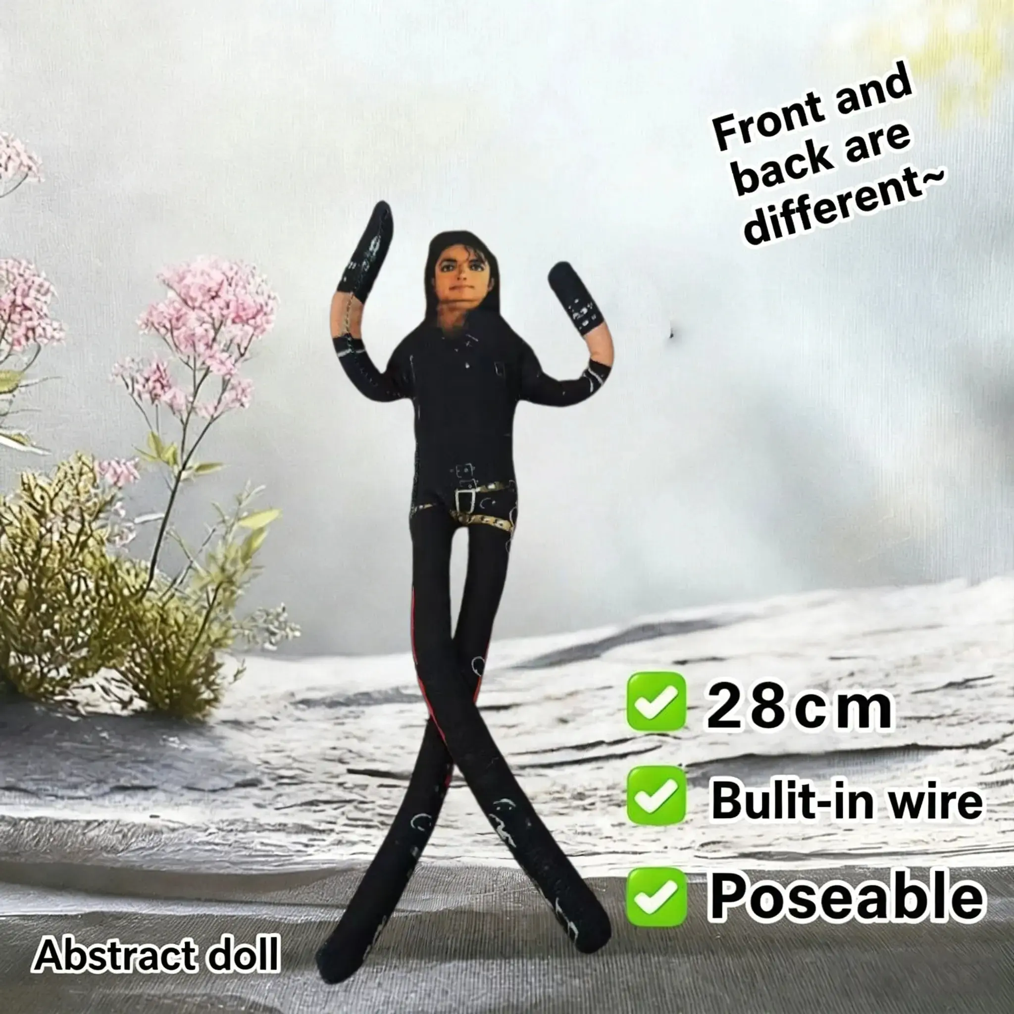 28cm Abstract Bendable Michael Jackson Plush Doll, Poseable Figure with Iron Wire Skeleton, Double-Sided Print Soft Huggable Stuffed Toy, Gift for Music Fans, MJ abstract Doll,Home Decor