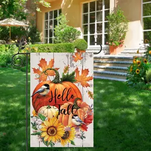 Autumn Themed Garden Flag, Maple Leaf & Bird & Pumpkin Pattern Garden Flag, Outdoor Hanging Decor for Home Garden Yard Farm, Halloween
