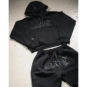 HoodieSweatpantTwoPieceSetY2KSportswearMenHipHopLetteringEmbroideryRhinestonesOversizedSweatshirtCasualPantsSet