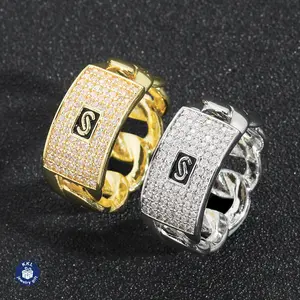 Personalized Fashion Hip Hop Geometric Zircon Ring (14) Golden Full Diamond Cuban Chain Design Trendy Ring Non Fading Commemorative Gift Ring