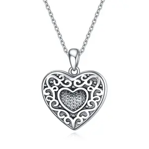 Heart Locket Neckalce Sterling Silver Heart Photo Locket Necklace Flower Pendant Memorial Jewelry Gifts