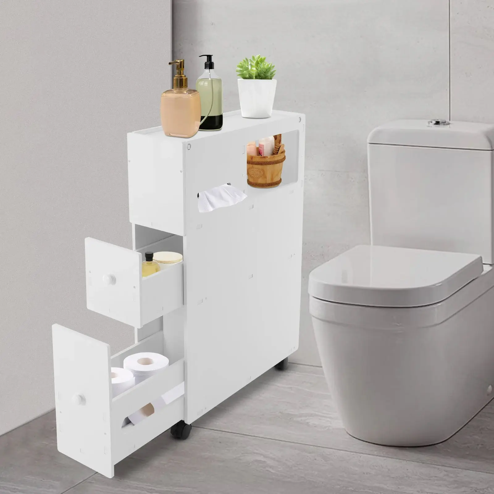 Plastic Slim Toilet Side Storage Cabinet - Sturdy 2-Drawer Bathroom Organizer, 52×16.2×75 cm/20.47x6.38x29.53 in Narrow Floor-Standing Sideboard Shelf, Assembly Required with 1×English Installation Manual (50kg Load Capacity) for Bathroom, Kitchen