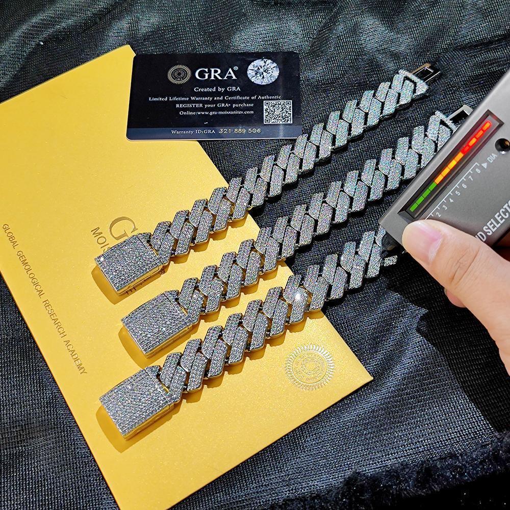 Thick 20-25mm Silver Three Rows Prong Setting Cuban Link Iced Out Hip Hop White Moissanite Chain Jewelry Women Men Gifts