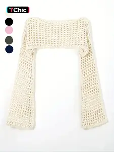 Women's Y2K Plain Hollow Out Flounce Sleeve Super Crop Cover Up, Casual Long Sleeve Boat Neck Knit Top for Daily Wear, Ladies Clothes for Fall, Swimsuit Cover Up