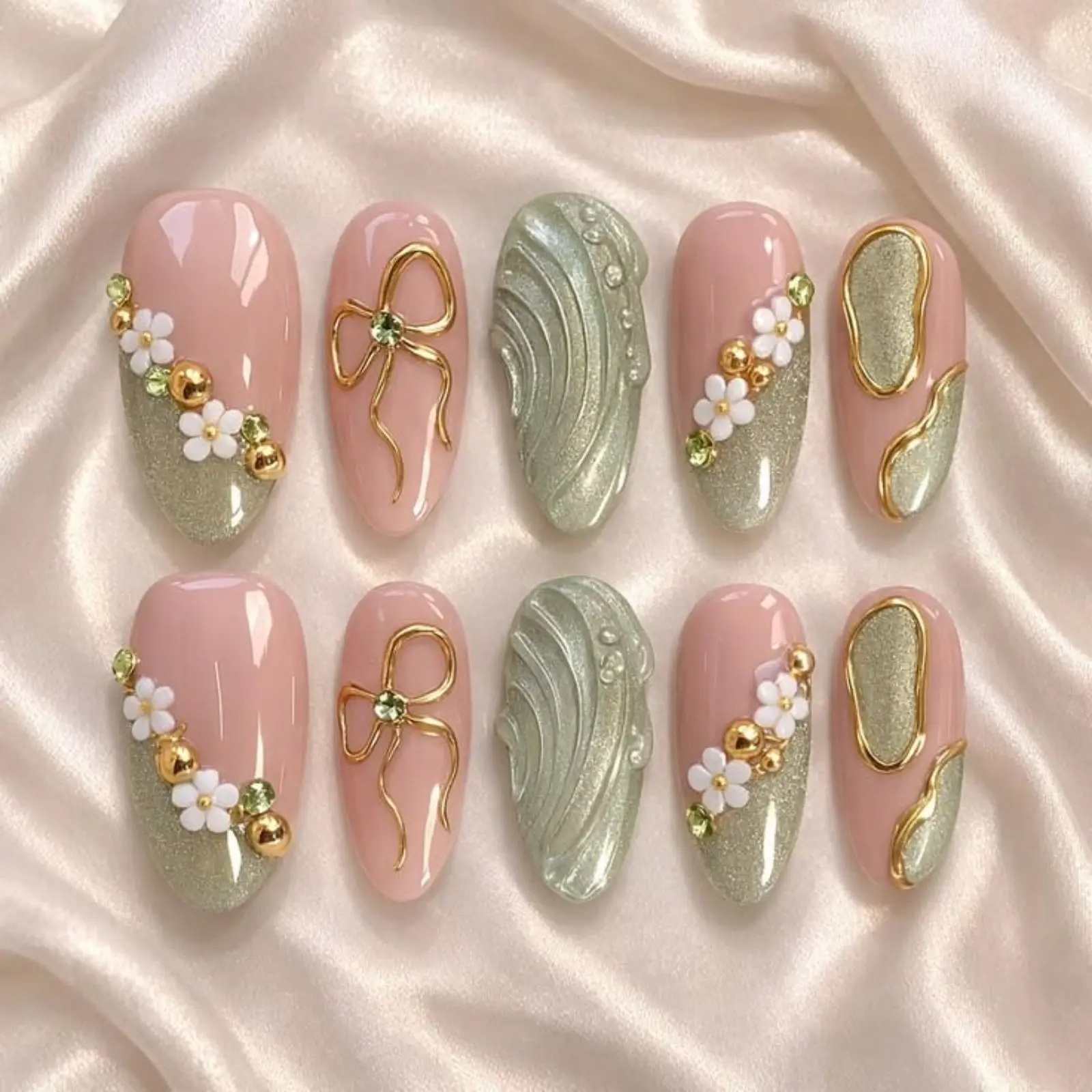 Sage Green Gold Chrome Luxury Press on Nails, 3D Daisy Flowers Sage Green Nail Set