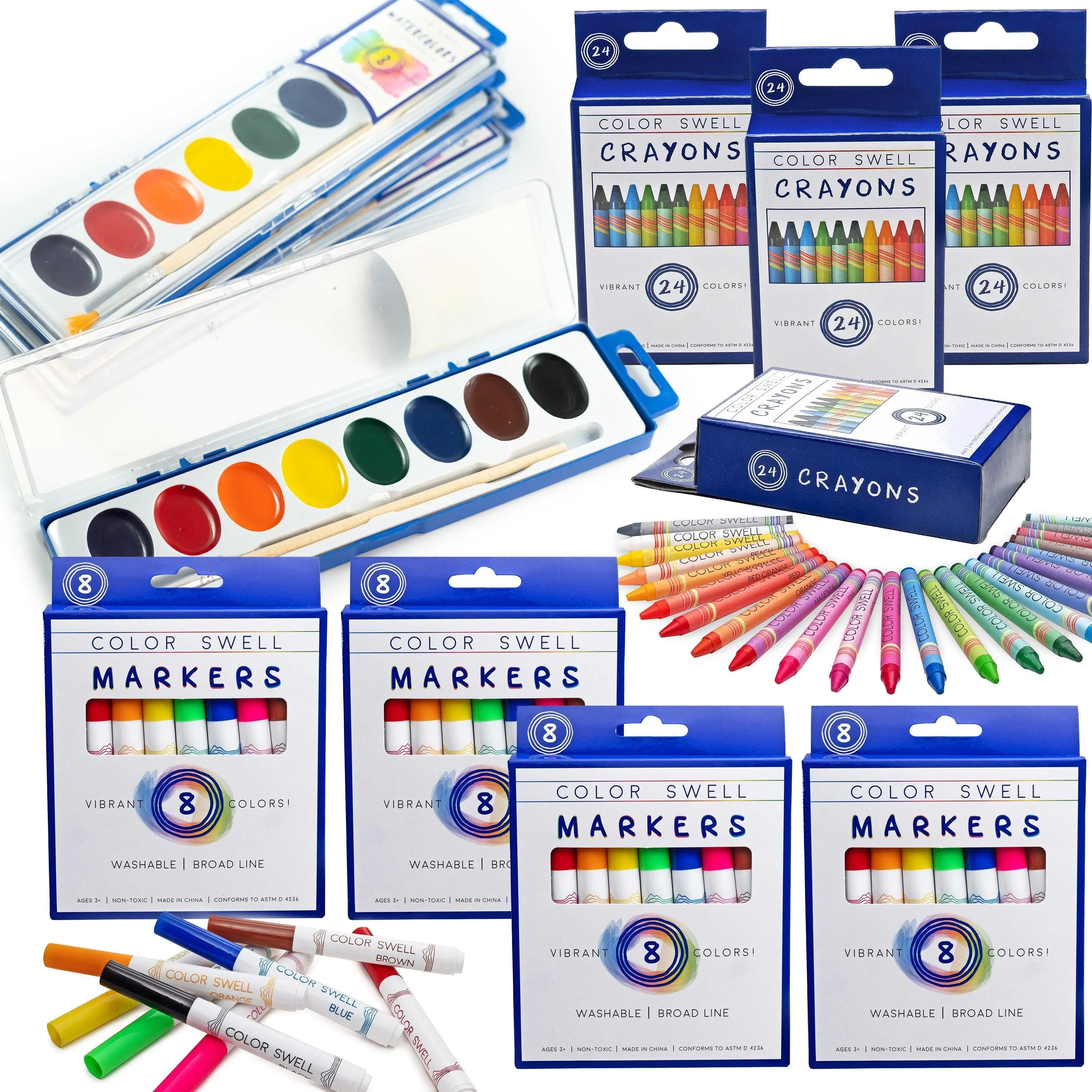 Color Swell Art Supplies Pack - 4 Packs of 8-Color Watercolors, 24-Count Crayons, & Washable Markers - Kid Friendly, Non-Toxic, ASTM Standard Compliant