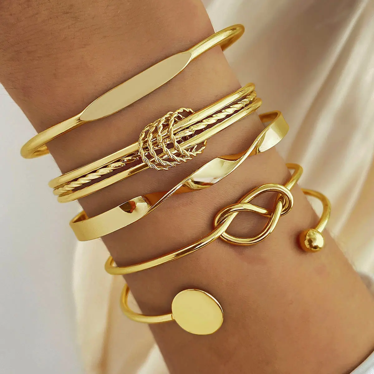 5 Piece Baroque Bracelet Stack for Women, Geometric Twisted Open Cuff Bangles, Glossy Metal Finish Jewelry - 20g, Metal Coating, Set Of Five