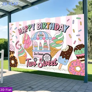 2D Flat Banner 1pc, Party Banners Pastel Ice Cream Two Sweet Happy Birthday Backdrop with Sprinkles Polyester Backdrop Event Decoration Home Room Farm Garden Graduation Courtyard Photography Live Streaming Wedding Club