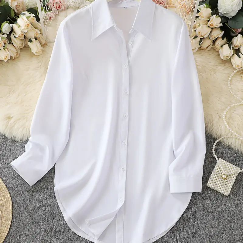 Women's Elegant Casual Business Long Sleeve Fitted Shirt, Versatile Mid-Length Button Front Blouse, Button Closure Top, Perfect for Spring & Fall