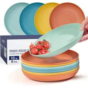10 inch Deep Dinner Plates Set of 8 Wheat Straw Plates, Unbreakable Dinner Dishes Alternative for Plastic Microwave and Dishwasher Safe for Kitchen with 4 Colors Classic Bright