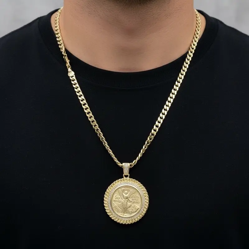 #311 14K Laminated High Quality Centenario 50 Pesos Pendant (1.5in) with 5mm wide Cuban chain - gift ready, 2 sizes, multiple lengths (22in, 24in)