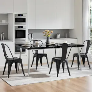 Black Stackable Metal Chairs Set of 4 - for Kitchen, Restaurant & Patio Use with Non-Slip Feet