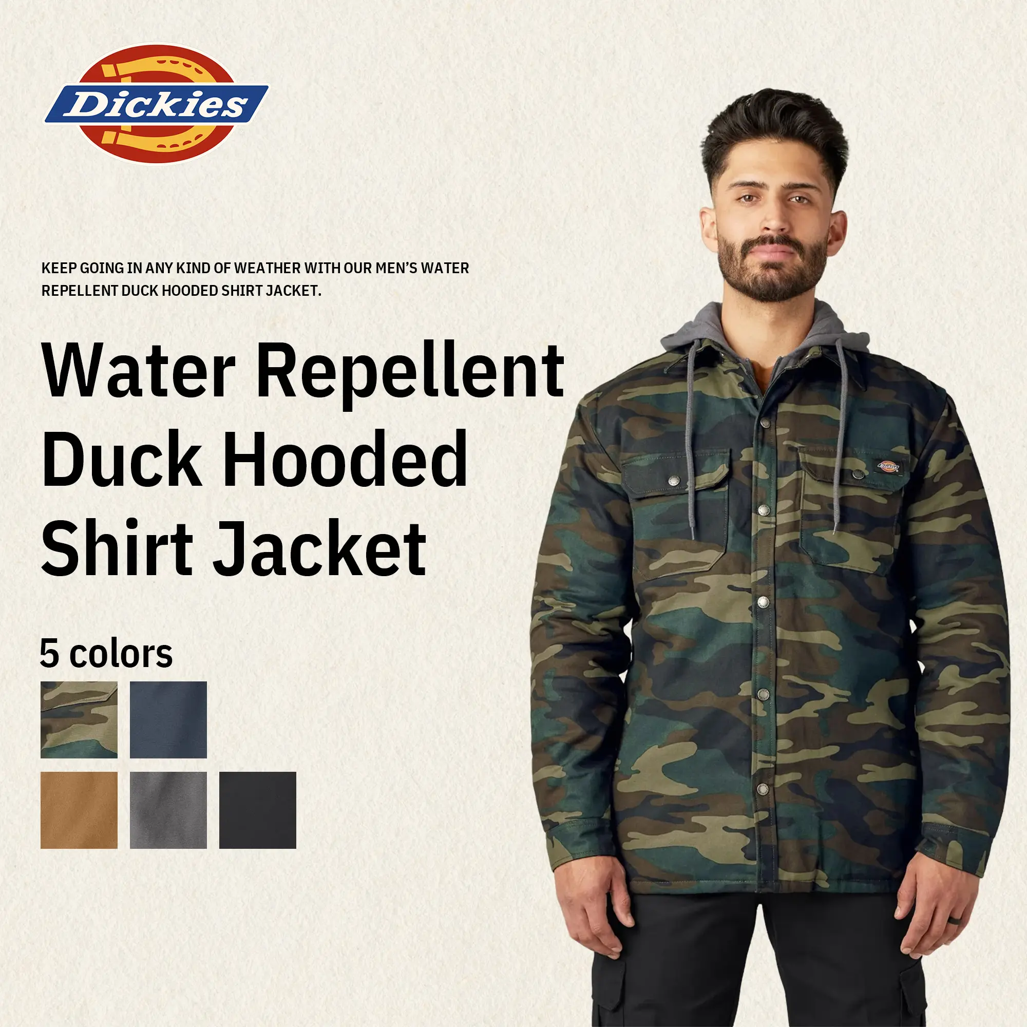 Dickies | Water Repellent Duck Hooded Shirt Jacket,100% Cotton,Chest Pockets,DWR Water-Repellent,Classic Workwear