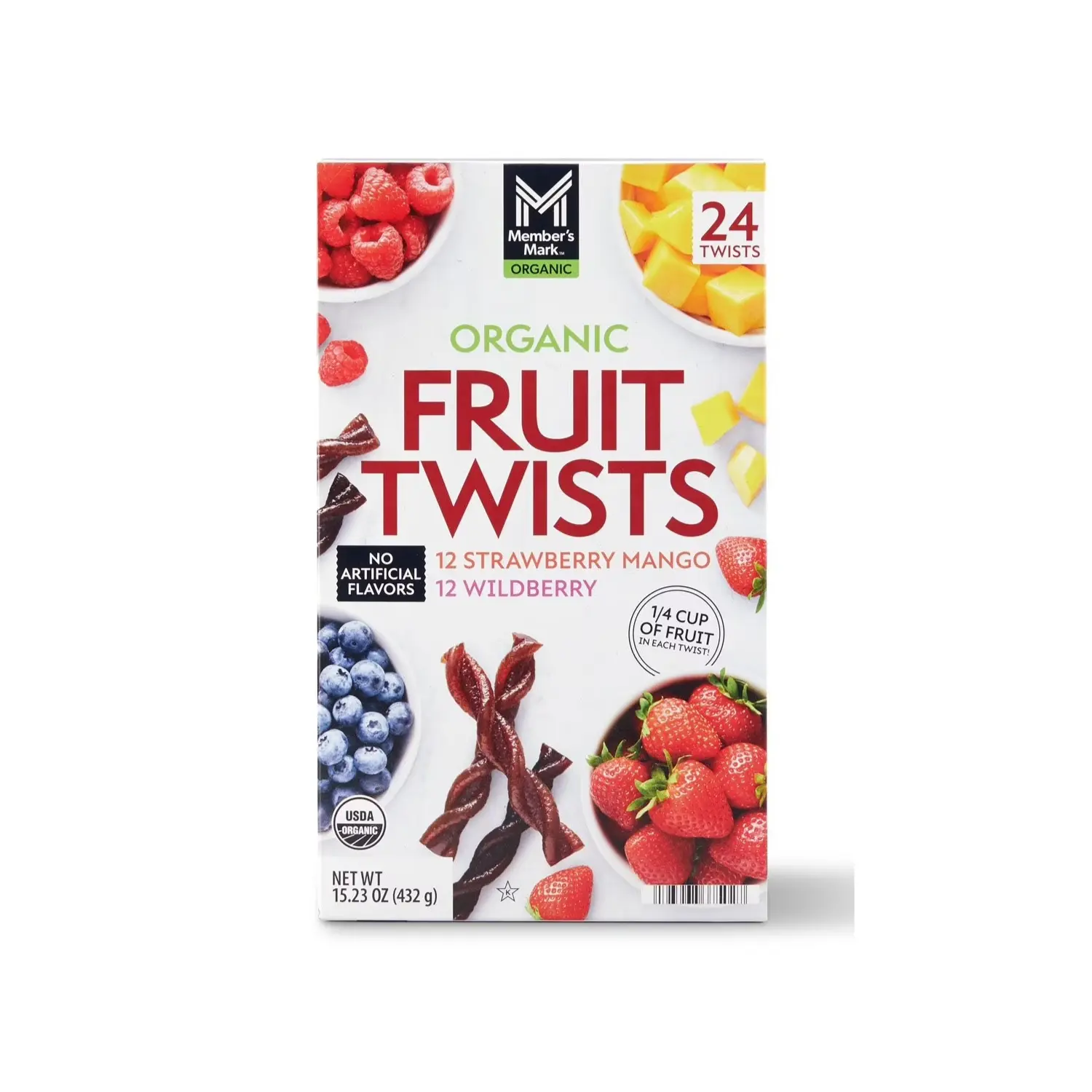 Member's Mark Organic Dye-Free Mixed Flavor Dried Fruit Twist Healthy Snack Variety Pack - 0.63 oz, 24 Pk - Includes Strawberry Flavor