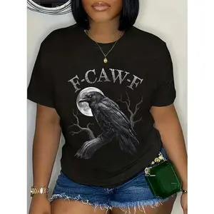 100% Cotton Black Crow Moon Gothic Adult Funny Tee    Casual Short-Sleeve Top