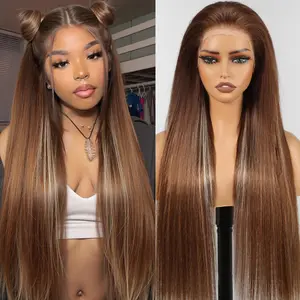 Highlight 34 Inch Human Hair 13x4 Lace Front Wig Straight Lace Front Wigs Human Hair Pre Plucked 180% Density Highlight Frontal HD Lace Brown Wig