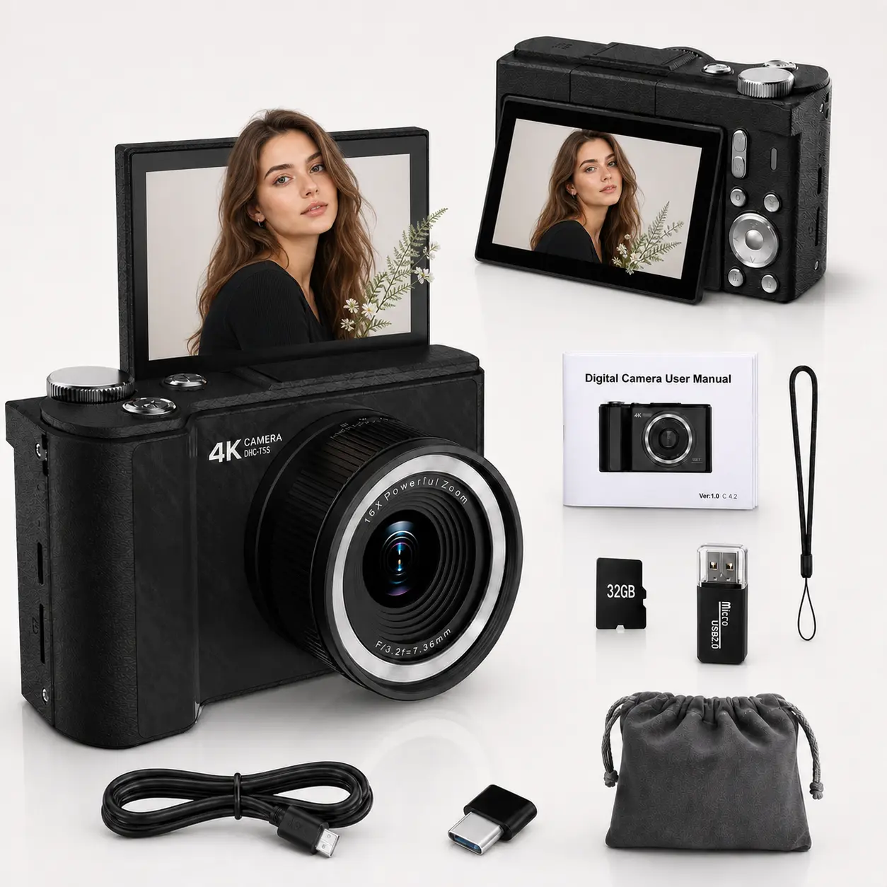 W&O 4K Compact Digital Camera for Photography, 48MP Vlogging Camera with 180° Flip Screen, Fill Light, 16X Digital Zoom and 32GB Card, Easy Point and Shoot Camera for Students and Young Women, Gift Idea