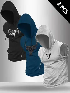 Men's Bull Head Print Tank Top & Hooded Vest & Tee, Regular Fit Casual Comfy Workout Sleeveless Top for Summer, Men's Clothes for Outdoor Wear, Socks, Fitness Tank Top