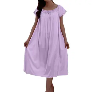 Silk Sleepwear Nightgowns for Woman Purple Long Short Sleeve Solid Crew Neck Mumu Adults Nightshirts Breathable