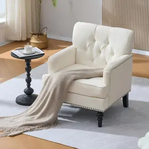 Tufted Club Chair, Accent Chair, Upholstered Button Armchair, Linen Fabric Corduroy Sofa Chairs for Bedroom, Living Room, Mid Century Modern with Studded Reading Chair Beige