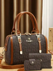 New Print Handbag with Unique Letter Design, Trendy Large Capacity Shoulder Crossbody Pillow Bag Set, Casual Women's Three-Piece Set